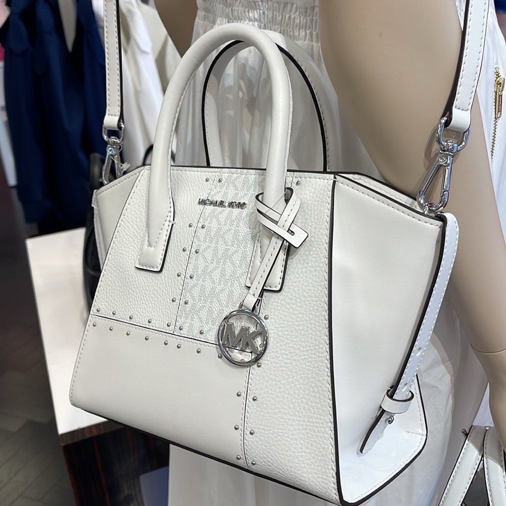 Michael Kors Avril Small Studded Patchwork and Signature Logo Satchel Crossbody - Picture 7 of 16